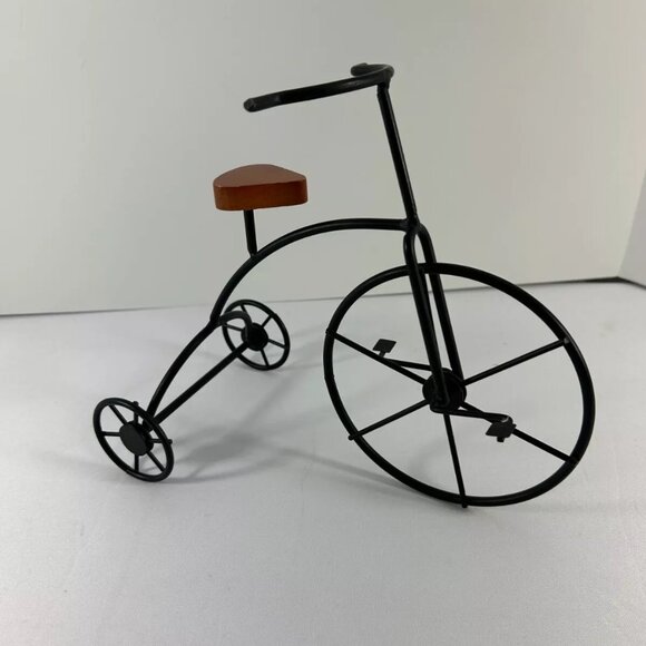 Black Metal Tricycle Wood Seat Table Top Desk Decor Cycling Sculpture - Picture 5 of 5